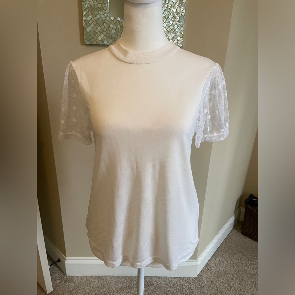 ASOS White Dressy Holiday Winter Party Tee w/ Polka Dot Dotted Sheer Sleeves